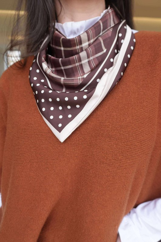 Plaid & Polka Border Triangle Silk Neckerchief Burgundy